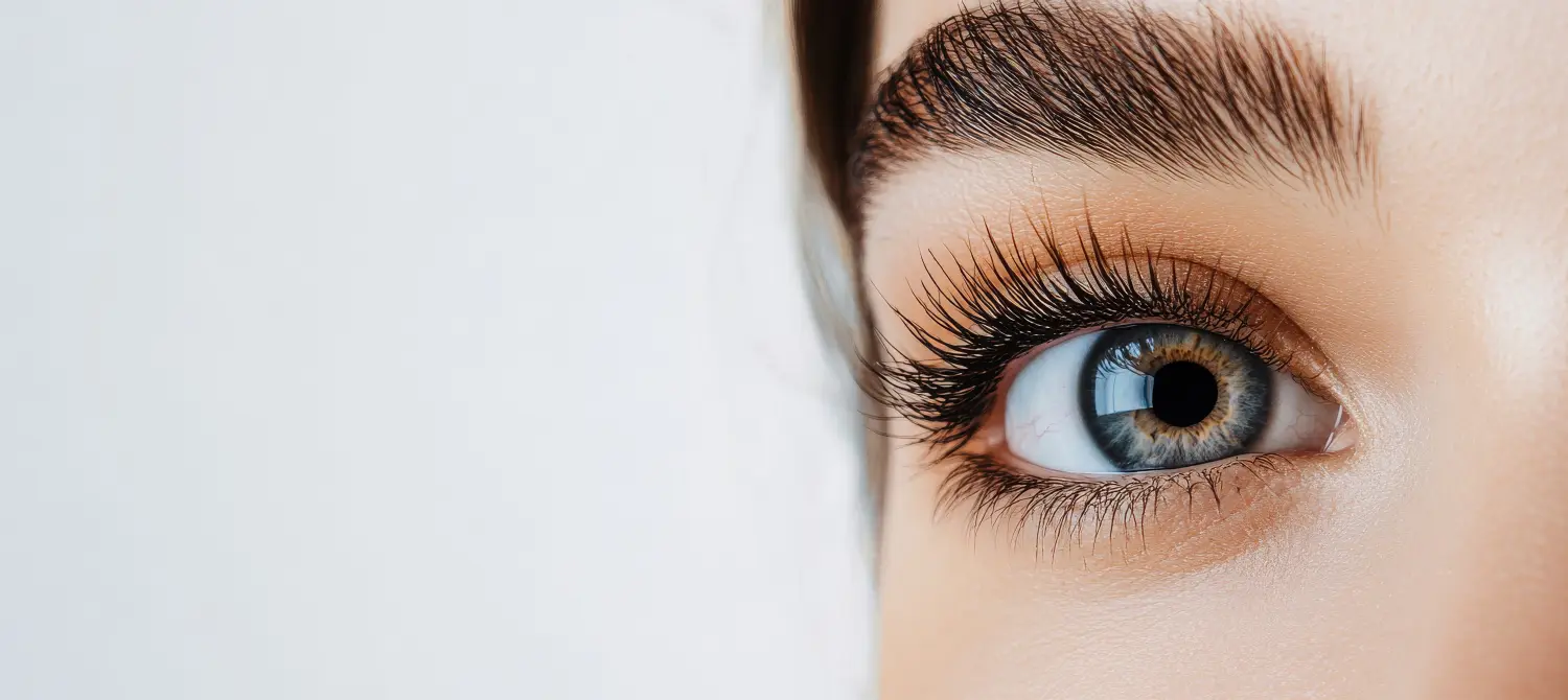 Nahaufnahme eines blauen Auges einer Frau mit langen Wimpern